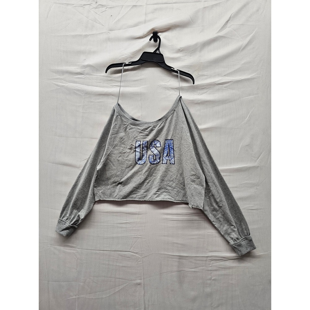 JoyLab Womens USA Graphic Long Sleeve Crop Top Gray Cotton Blend Size Medium